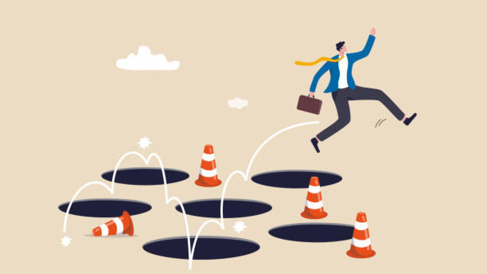 Avoid pitfall, adversity and brave to jump pass mistake or business failure, skill and creativity to solve problem concept, smart businessman jump pass many pitfalls to achieve business success.